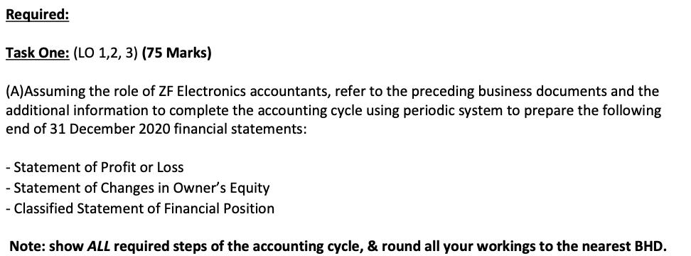 Required: Task One: (LO 1,2, 3) (75 Marks) (A)Assuming the role of ZF Electronics accountants, refer to the preceding busines