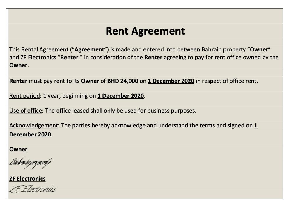 Rent Agreement This Rental Agreement (“Agreement) is made and entered into between Bahrain property Owner” and ZF Electroni