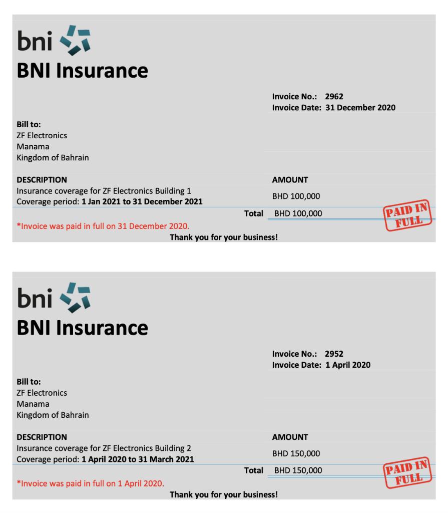 bni BNI Insurance Invoice No.: 2962 Invoice Date: 31 December 2020 Bill to: ZF Electronics Manama Kingdom of Bahrain DESCRIPT
