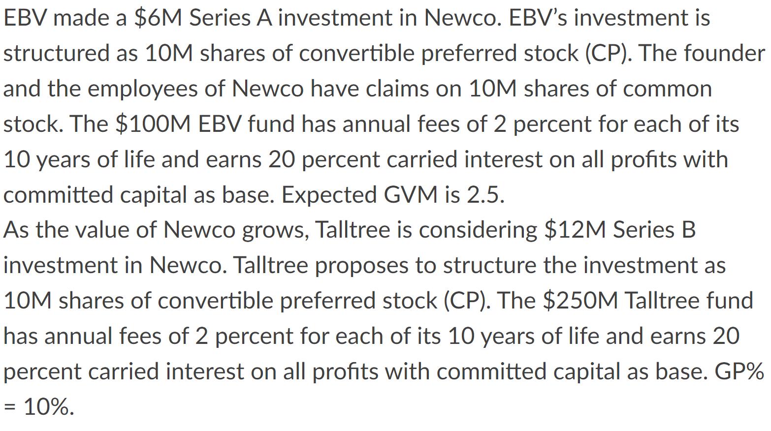 EBV made a $6M Series A investment in Newco. EBVs investment is structured as 10M shares of convertible preferred stock (CP)