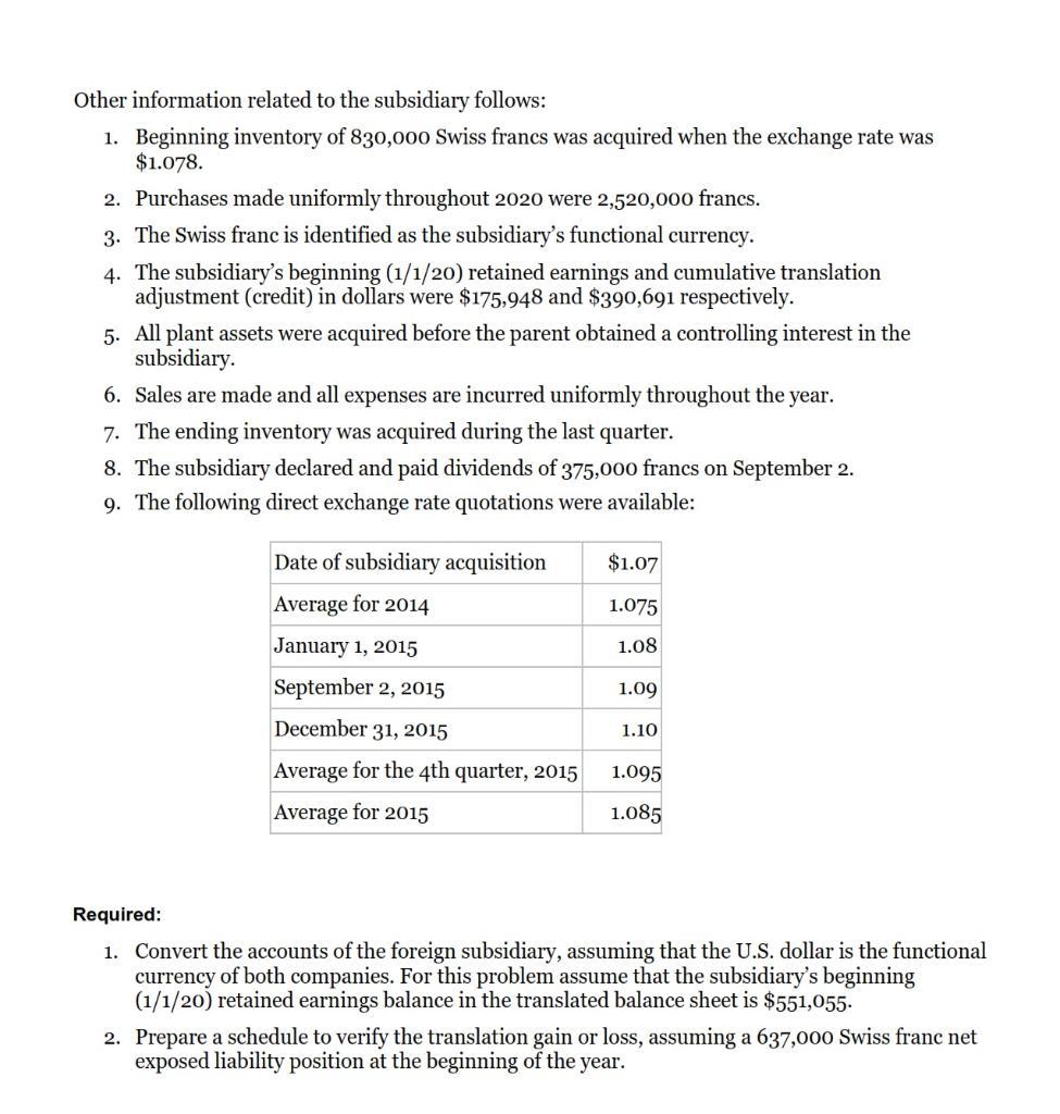 Other information related to the subsidiary follows: 1. Beginning inventory of 830,000 Swiss francs was acquired when the exc