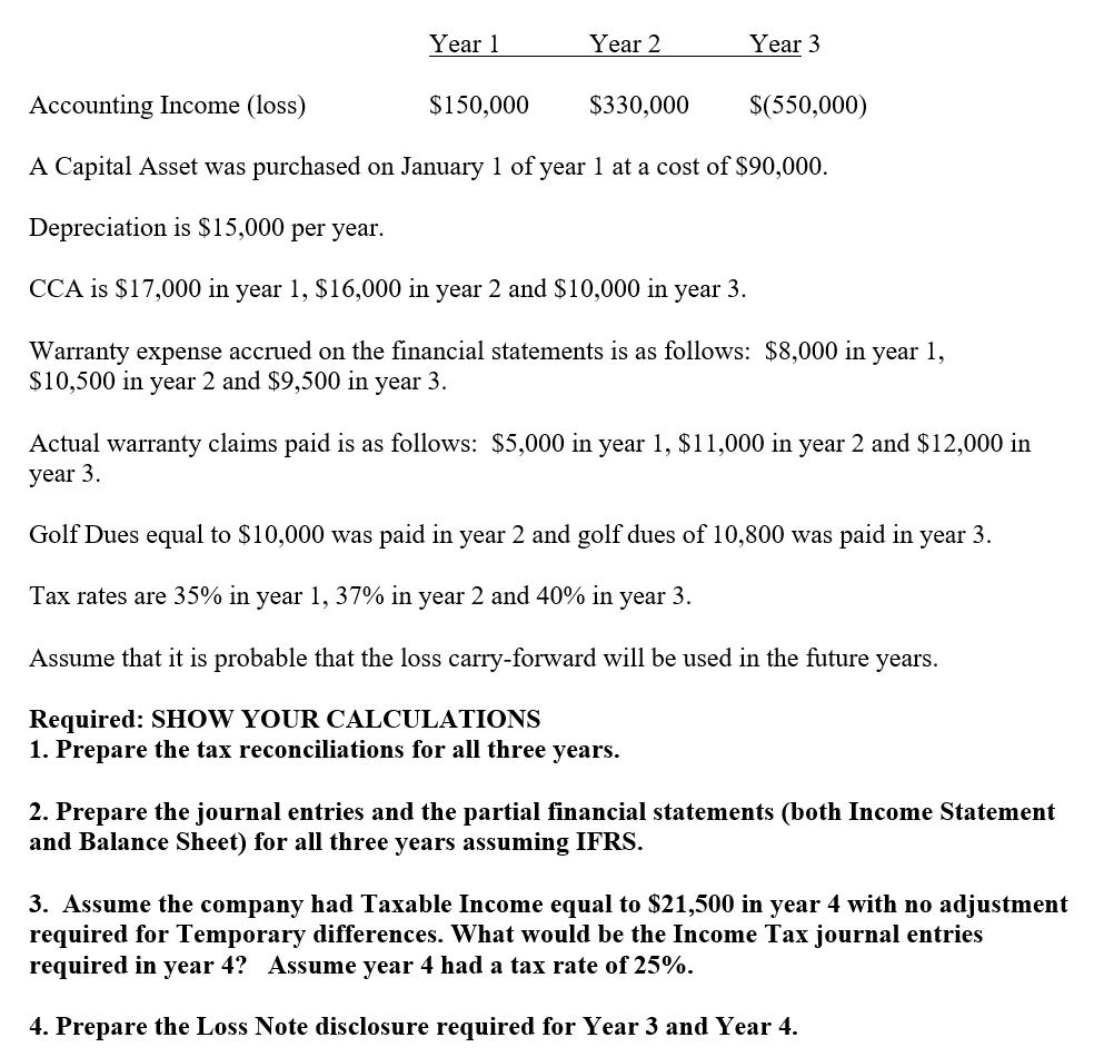 Year 1 Year 2 Year 3 Accounting Income (loss) $150,000 $330,000 $(550,000) A Capital Asset was purchased on January 1 of year