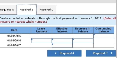 Required A Required B Required c Create a partial amortization through the first payment on January 1, 2017. (Enter all answe
