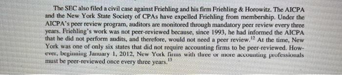 The SEC also filed a civil case against Friehling and his firm Frichling & Horowitz. The AICPA and the New York State Society