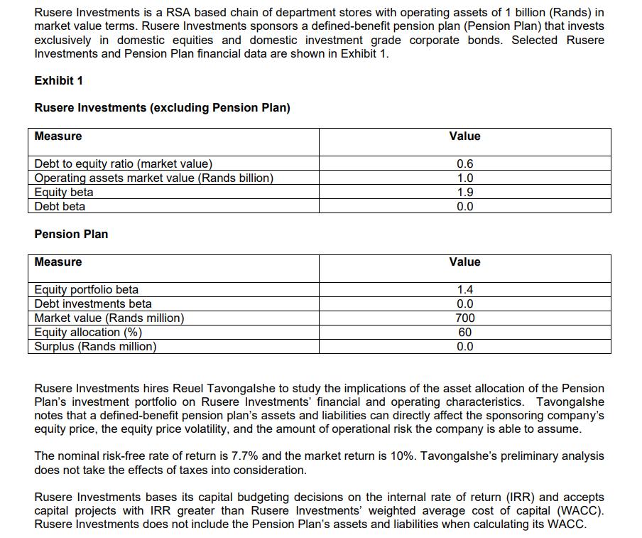 Rusere Investments is a RSA based chain of department stores with operating assets of 1 billion (Rands) in market value terms