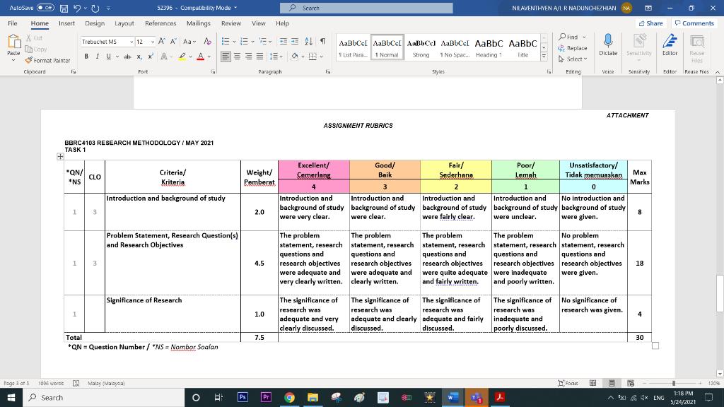 AutoSave C H2O 52396 - Compatibility Mode - Scarch NILAVENTHYEN A/L R NADUNCHEZHIAN NA File Home Insert Design Layout Referen