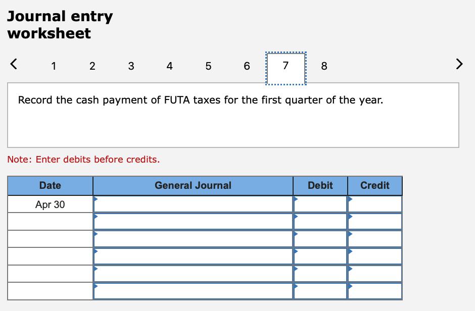 Journal entry worksheet < 2 د 3 4 5 6 7 8 > Record the cash payment of FUTA taxes for the first quarter of the year. Note: En