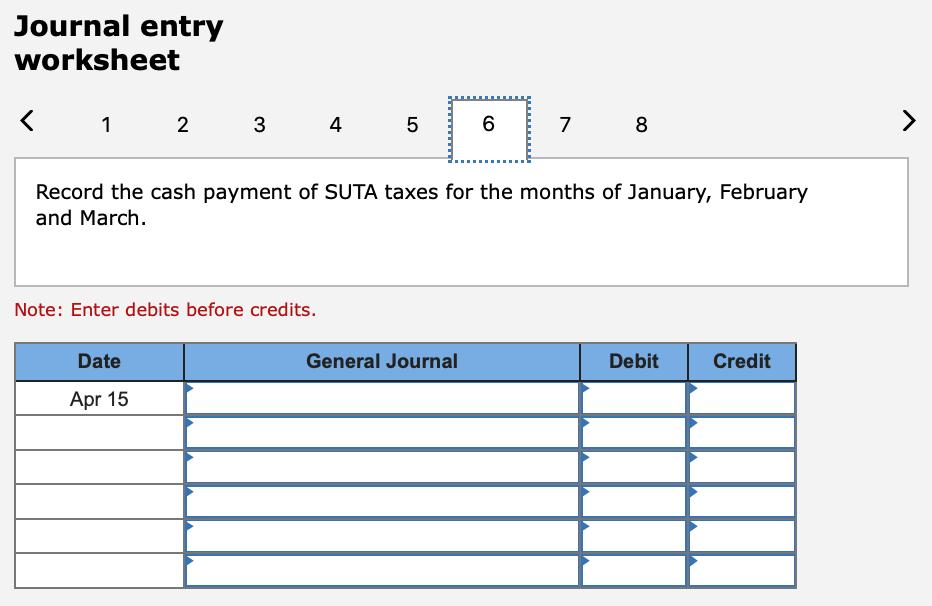 Journal entry worksheet < 1 2 3 4 6 7 8 > ܗ Record the cash payment of SUTA taxes for the months of January, February and Mar