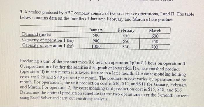 3. A product produced by ABC company consists of two successive operations, I and II. The table below contains data on the mo