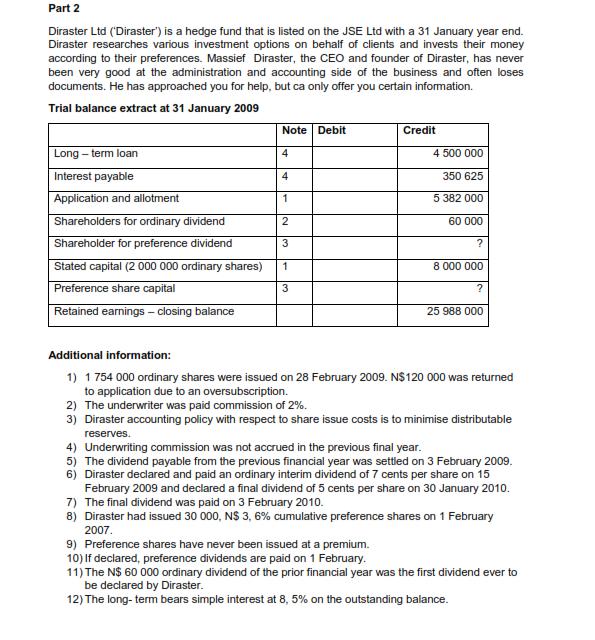 4 Part 2 Diraster Ltd (Diraster) is a hedge fund that is listed on the JSE Ltd with a 31 January year end. Diraster researc