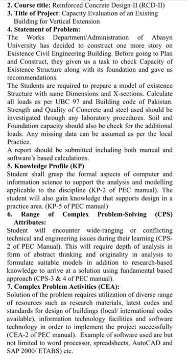 2. Course title: Reinforced Concrete Design-II (RCD-II)3. Title of Project: Capacity Evaluation of an ExistingBuilding for