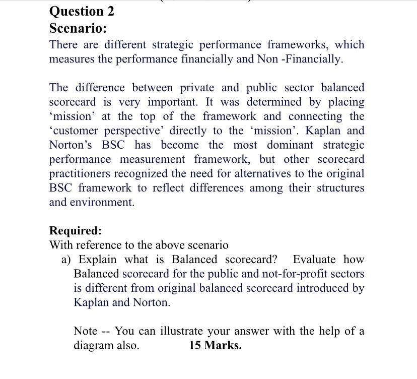 Question 2 Scenario: There are different strategic performance frameworks, which measures the performance financially and Non