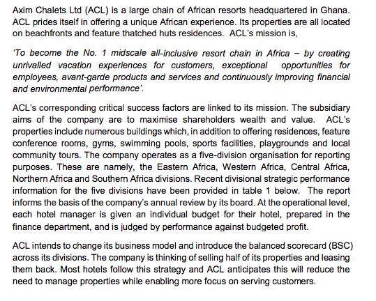 Axim Chalets Ltd (ACL) is a large chain of African resorts headquartered in Ghana. ACL prides itself in offering a unique Afr