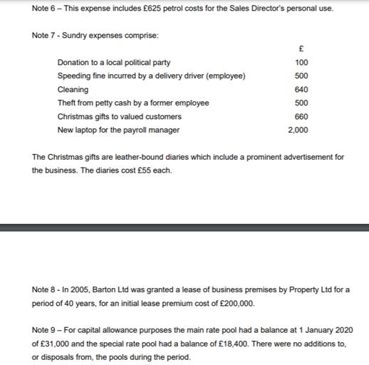 Note 6 - This expense includes £625 petrol costs for the Sales Directors personal use. Note 7 - Sundry expenses comprise: Do