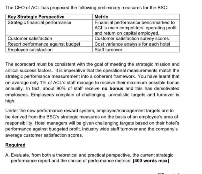 The CEO of ACL has proposed the following preliminary measures for the BSC: Key Strategic Perspective Metric Strategic financ