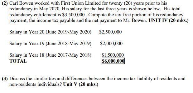 (2) Carl Bowen worked with First Union Limited for twenty (20) years prior to his redundancy in May 2020. His salary for the