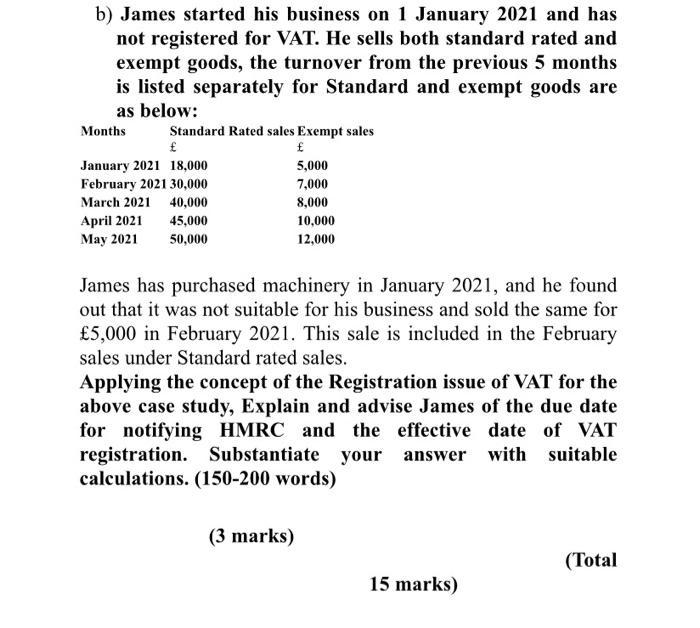 b) James started his business on 1 January 2021 and has not registered for VAT. He sells both standard rated and exempt goods