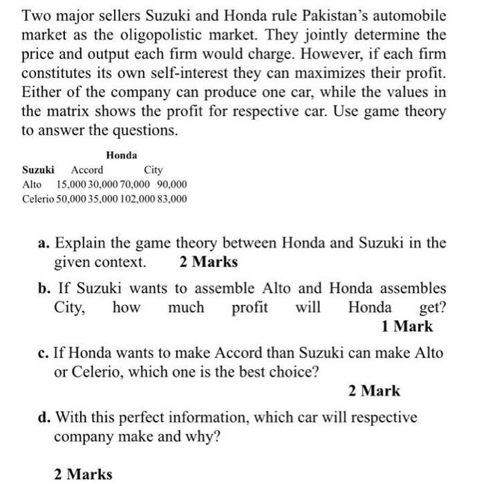 Two major sellers Suzuki and Honda rule Pakistans automobile market as the oligopolistic market. They jointly determine the