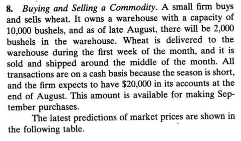 8. Buying and Selling a Commodity. A small firm buys and sells wheat. It owns a warehouse with a capacity of 10,000 bushels, and as of late August, there will be 2,000 bushels in the warehouse. Wheat is delivered to the warehouse during the first week of the month, and it is sold and shipped around the middle of the month. All SO transactions are on a cash basis because the season is short, and the firm expects to have $20,000 in its accounts at the end of August. This amount is available for making Sep- tember purchases. The latest predictions of market prices are shown in the following table.