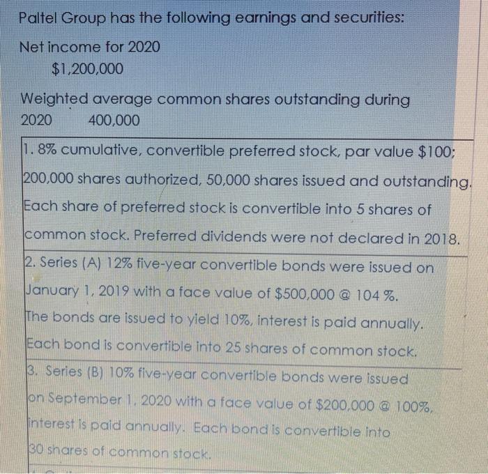 Paltel Group has the following earnings and securities: Net income for 2020 $1,200,000 Weighted average common shares outstan