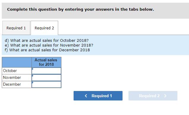 Complete this question by entering your answers in the tabs below. Required 1 Required 2 d) What are actual sales for October