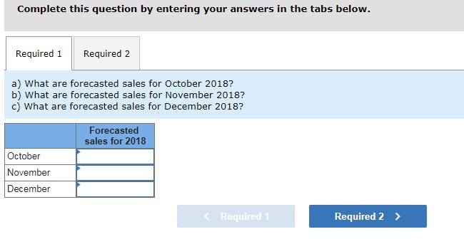 Complete this question by entering your answers in the tabs below. Required 1 Required 2 a) What are forecasted sales for Oct