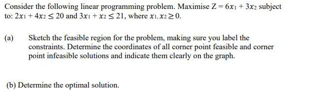Consider the following linear programming problem. Maximise Z = 6x1 + 3x2