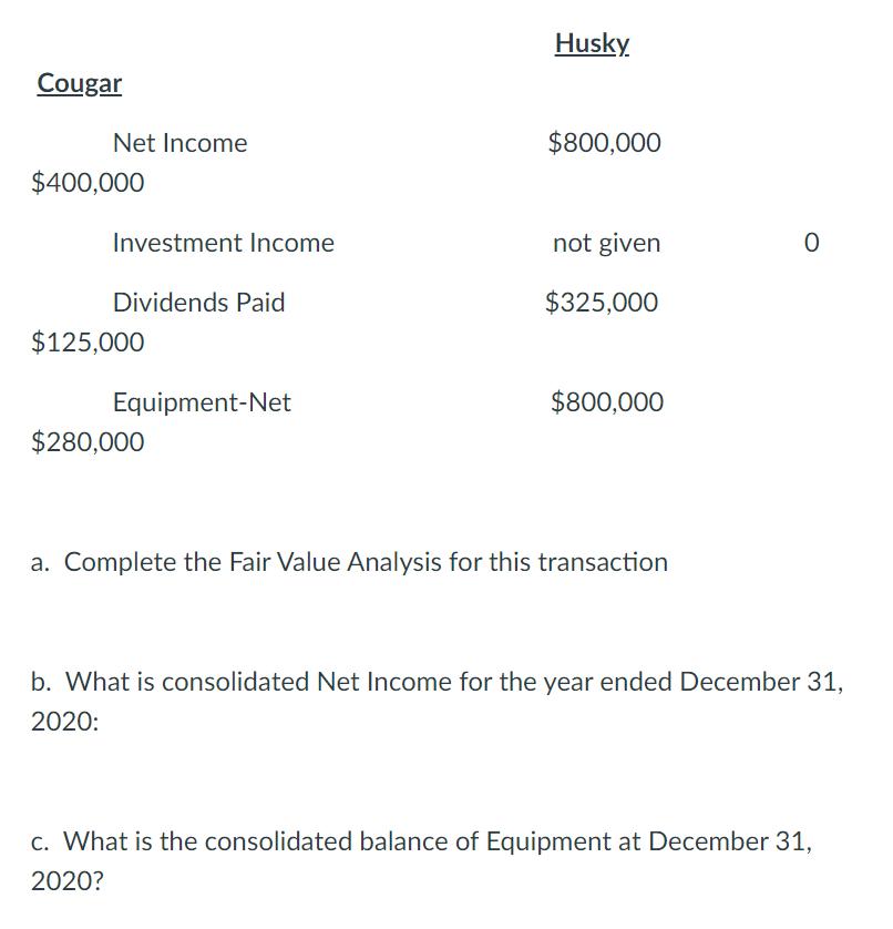 Husky Cougar $800,000 Net Income $400,000 Investment Income not given 0 $325,000 Dividends Paid $125,000 $800,000 Equipment-N