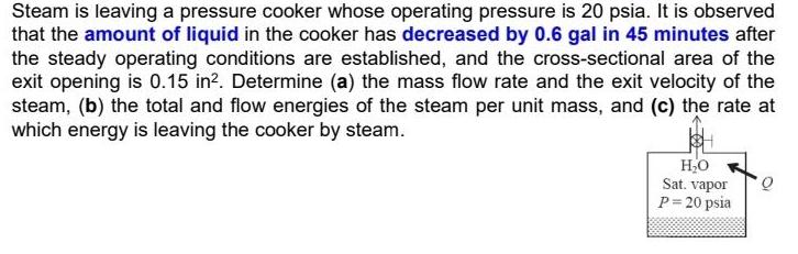 Steam is leaving a pressure cooker whose operating pressure is 20 psia.