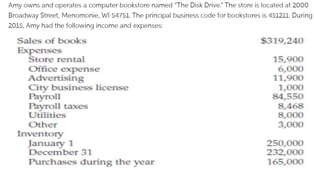Amy owns and operates a computer bookstore named "The Disk Drive." The store is located at 2000 Broadway