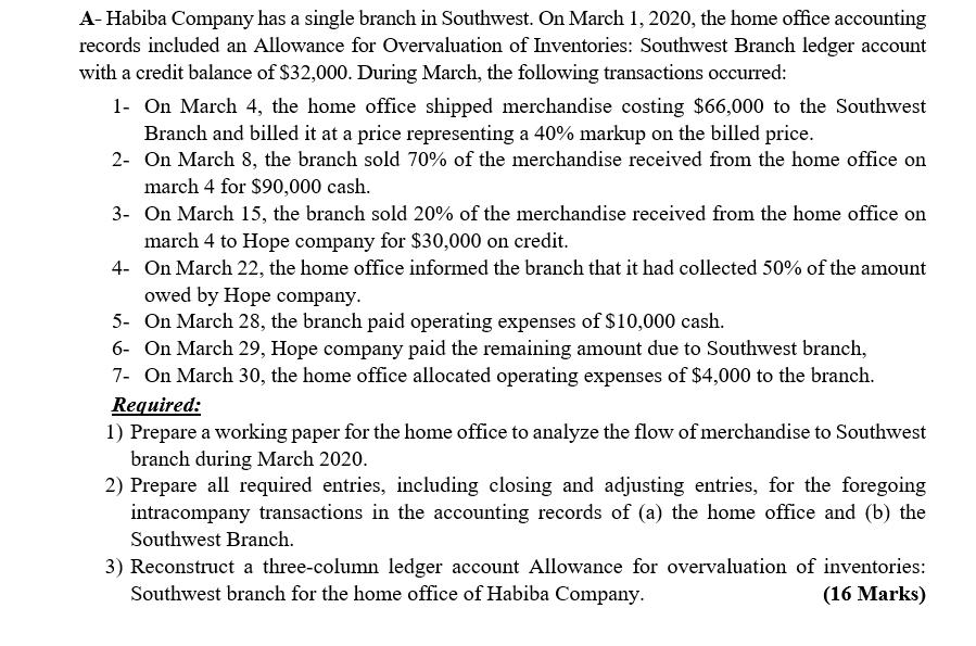 A-Habiba Company has a single branch in Southwest. On March 1, 2020, the home office accounting records included an Allowance
