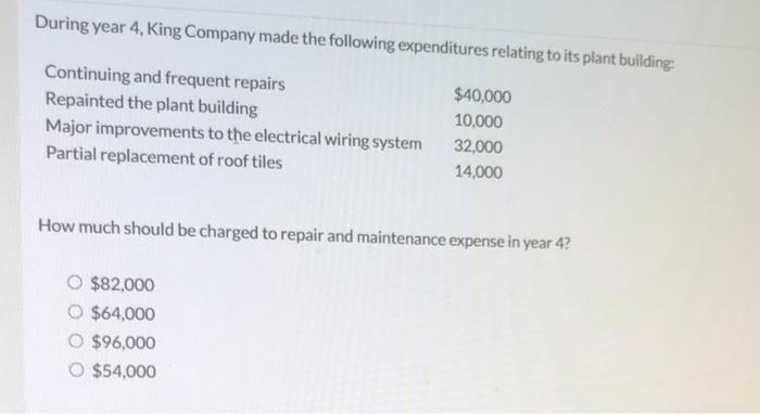 During year 4, King Company made the following expenditures relating to its plant building: Continuing and frequent repairs R