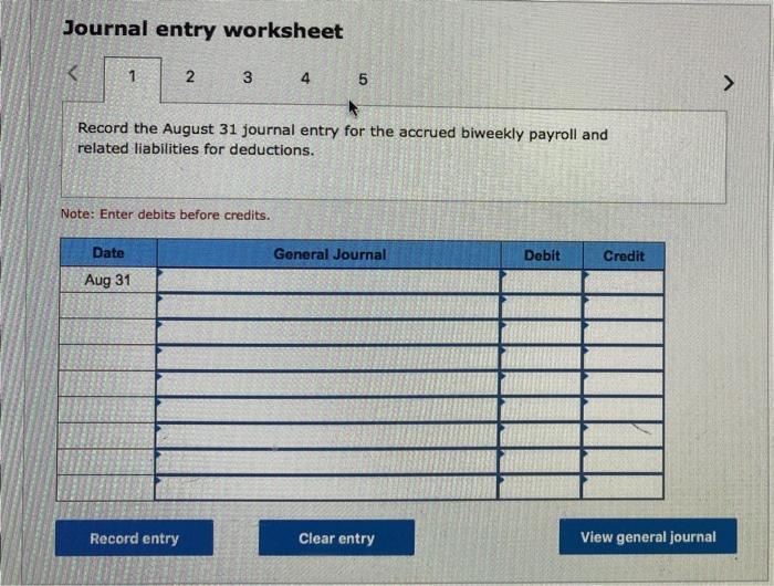 Journal entry worksheet < 1 2 3 4 5 Record the August 31 journal entry for the accrued biweekly payroll and related liabiliti