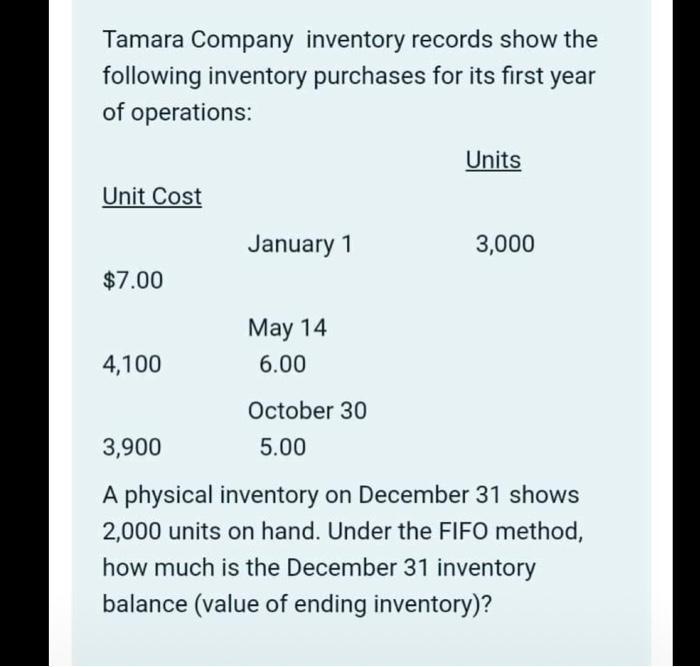 Tamara Company inventory records show the following inventory purchases for its first year of operations: Units Unit Cost Jan