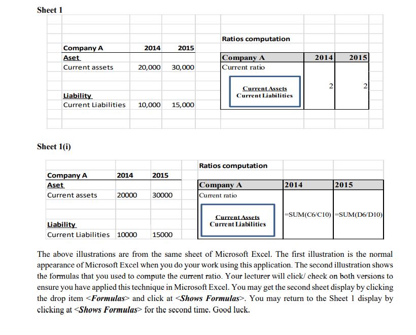 Sheet1 Ratios computation 2014 2015 Company A Aset 2014 2015 Company A Current ratio Current assets 20,000 30,000 Current Ass