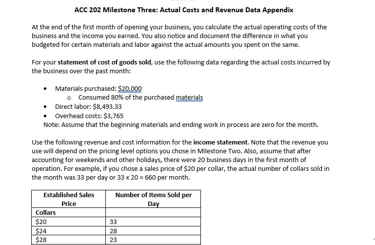 ACC 202 Milestone Three: Actual Costs and Revenue Data Appendix At the end of the first month of opening your business, you c