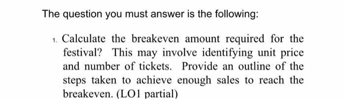 The question you must answer is the following: 1. Calculate the breakeven amount required for the festival? This may involve