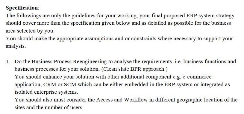 Specification: The followings are only the guidelines for your working, your final proposed ERP system strategy should cover