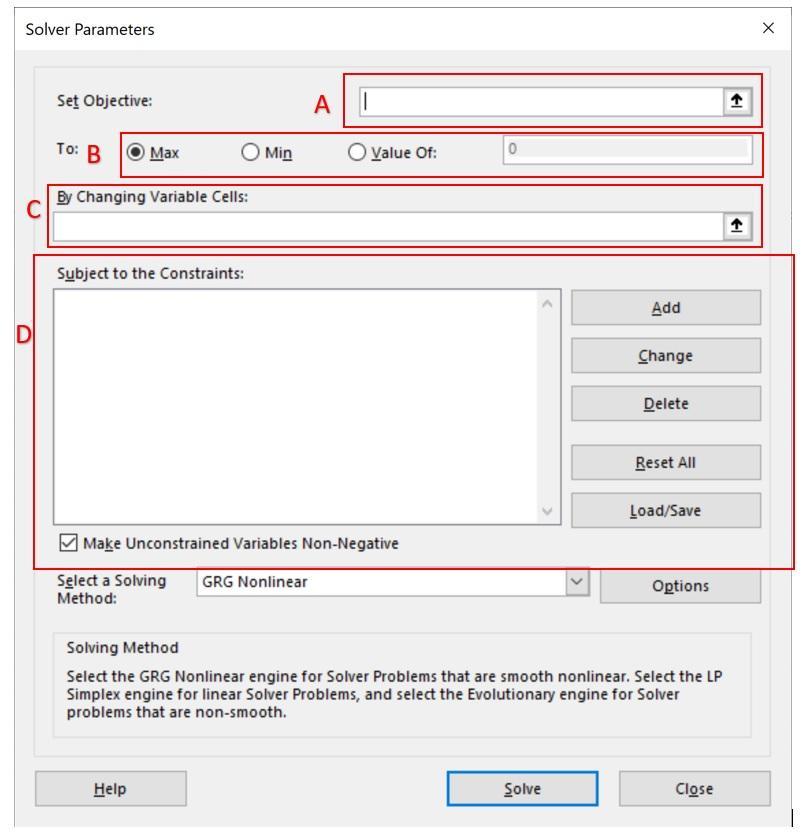 Solver Parameters х Set Objective AI To: B Max O Min O value of: 0 By Changing Variable Cells: 1 Subject to the Constraints: