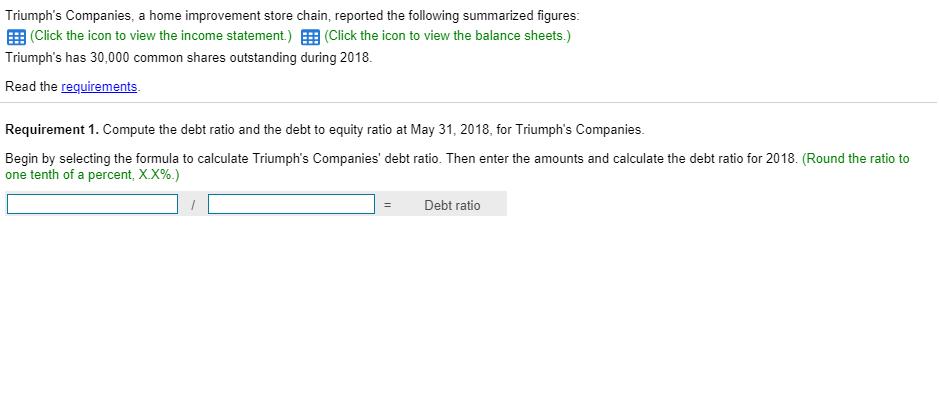 Triumphs Companies, a home improvement store chain, reported the following summarized figures 囲(Click the icon to view the income statement)囲(Click the icon to view the balance sheets.) Triumphs has 30,000 common shares outstanding during 2018. Read the requirements. Requirement 1. Compute the debt ratio and the debt to equity ratio at May 31, 2018, for Triumphs Companies. Begin by selecting the formula to calculate Triumphs Companies debt ratio. Then enter the amounts and calculate the debt ratio for 2018. (Round the ratio to one tenth of a percent, XX%.) Debt ratio =