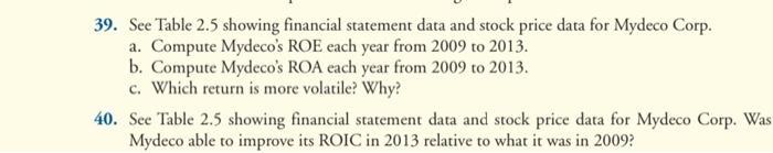 39. See Table 2.5 showing financial statement data and stock price data for Mydeco Corp.na. Compute Mydecos ROE each year fr