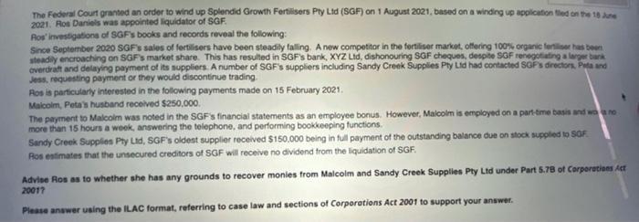 The Federal Court granted an order to wind up Splendid Growth Fertilisers Pty Ltd (SGF) on 1 August 2021, based on a winding