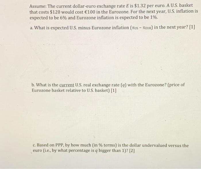 Assume: The current dollar-euro exchange rate E is $1.32 per euro. A U.S. basket that costs $120 would cost €100 in the Euroz