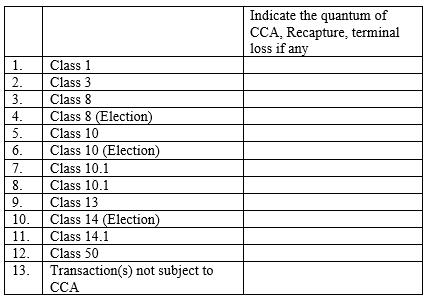 Indicate the quantum of CCA, Recapture, terminal loss if any 1. 2. 3. 4. 5. 6. 7. 8. 9. 10. 11. 12. 13. Class 1 Class 3 Class