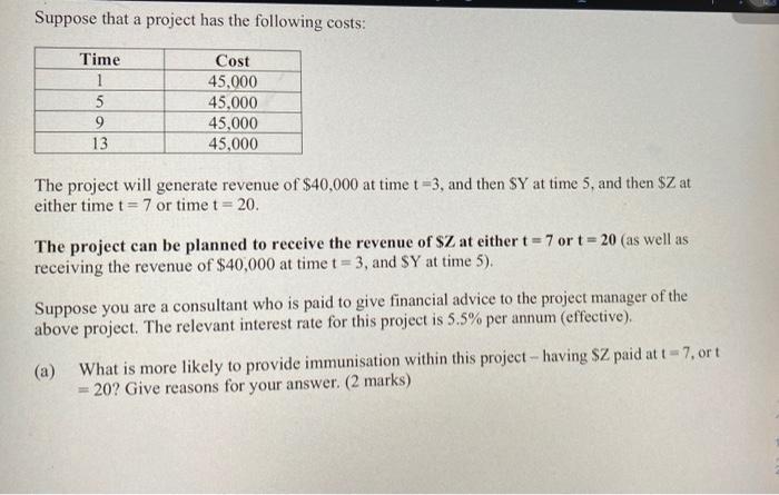 Suppose that a project has the following costs: Time 1 5 9 13 Cost 45,000 45,000 45,000 45,000 The project will generate reve