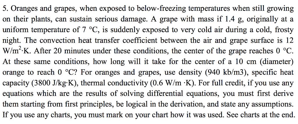 5. Oranges and grapes, when exposed to below-freezing temperatures when still growing on their plants, can sustain serious damage. A grape with mass if 1.4 g, originally at a uniform temperature of 7 OC, is suddenly exposed to very cold air during a cold, frosty night. The convection heat transfer coefficient between the air and grape surface is 12 W/m .K. After 20 minutes under these conditions, the center of the grape reaches 0 oC At these same conditions, how long will it take for the center of a 10 cm (diameter) orange to reach 0 °C? For oranges and grapes, use density (940 kb m3), specific heat capacity (3800 J kg K), thermal conductivity (0.6 W/m K). For full credit, if you use any equations which are the results of solving differential equations, you must first derive them starting from first principles, be logical in the derivation, and state any assumptions If you use any charts, you must mark on your chart how it was used. See charts at the end.