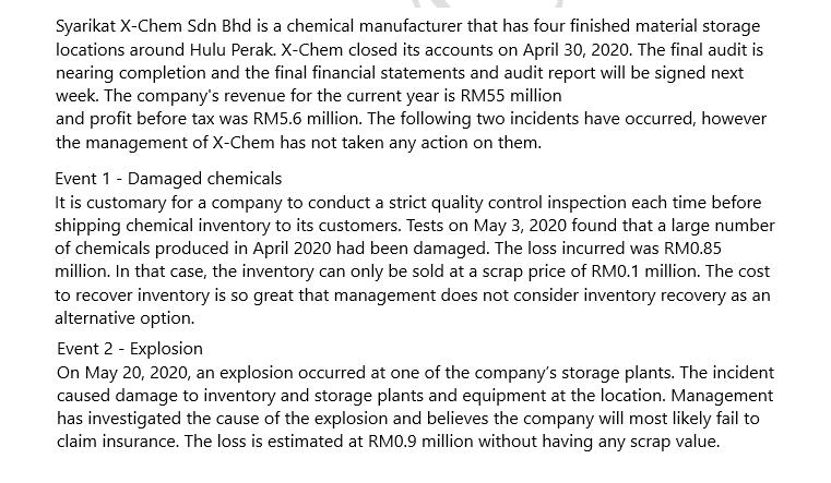 Syarikat X-Chem Sdn Bhd is a chemical manufacturer that has four finished material storage locations around Hulu Perak. X-Che