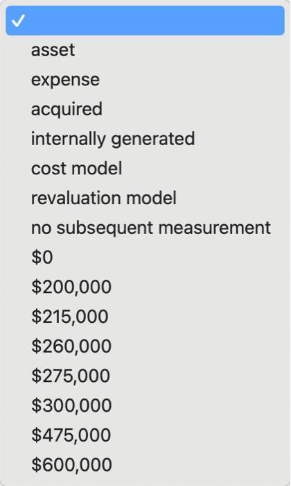 asset expense acquired internally generated cost model revaluation model no subsequent measurement $0 $200,000 $215,000 $260,