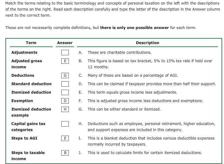 Match the terms relating to the basic terminology and concepts of personal taxation on the left with the descriptions of the