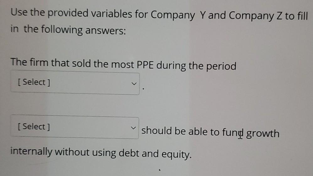 Use the provided variables for Company Y and Company Z to fill in the following answers: The firm that sold the most PPE duri